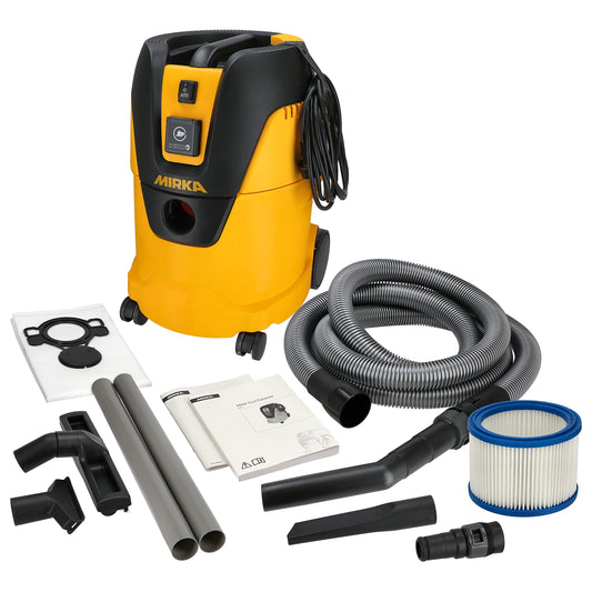 MIRKA Industriestaubsauger 25L – Nass-/Trockensauger, 1000 W, mit Absaugschlauch, Schleifmaschinen-Adapter & Düsenset, Schwarz/Gelb